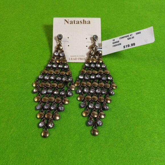 NWT Natasha Clear Rhinestone/Gold tone metal Diamond shaped Dangling Earrings - Picture 1 of 4